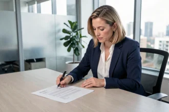 Agente immobilière pointant les clauses d'un compromis de vente dans une agence moderne