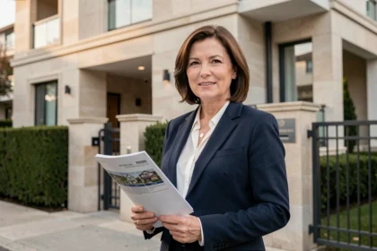 Agente immobilière devant une résidence en copropriété moderne évaluant la valeur de revente du bien