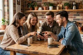 Groupe d'amis autour d'une table consultant une application de cagnotte en ligne sur smartphone