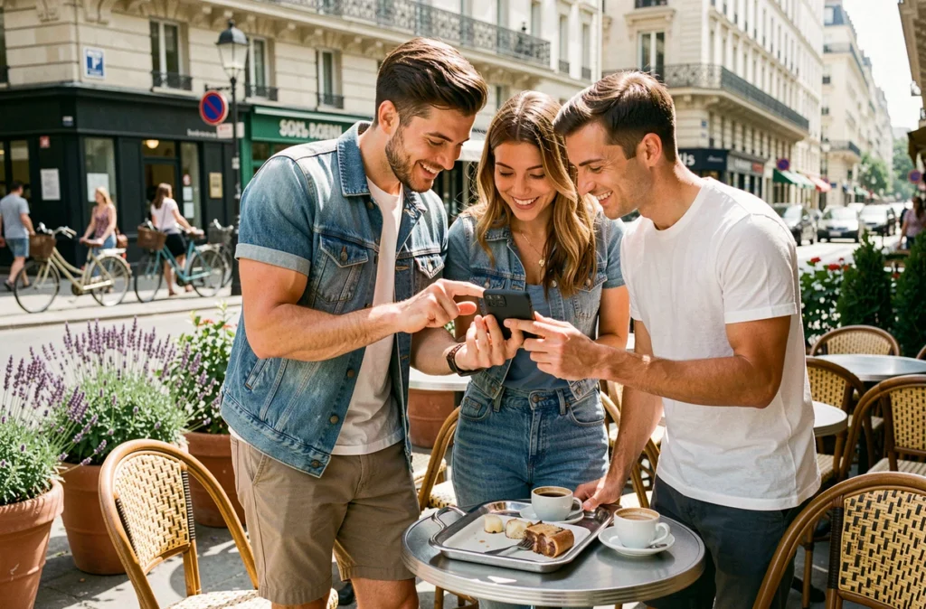 Trois amis consultant une application de cagnotte collective sur un smartphone en terrasse de café à Paris