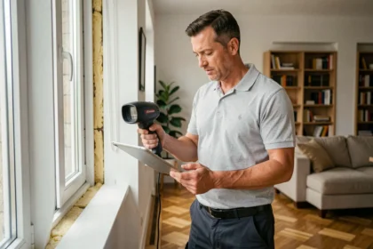 Auditeur énergétique inspectant l'isolation d'une fenêtre dans un appartement moderne avec une caméra thermique