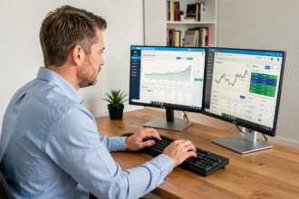 Homme consultant un tableau de bord d'investissement ETF automatisé sur Boursorama depuis son bureau à domicile