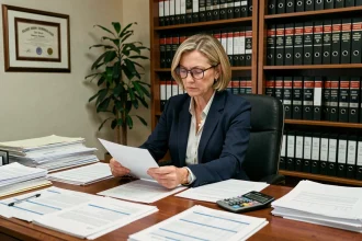 Avocate spécialisée en tutelle examinant des documents financiers dans son bureau juridique