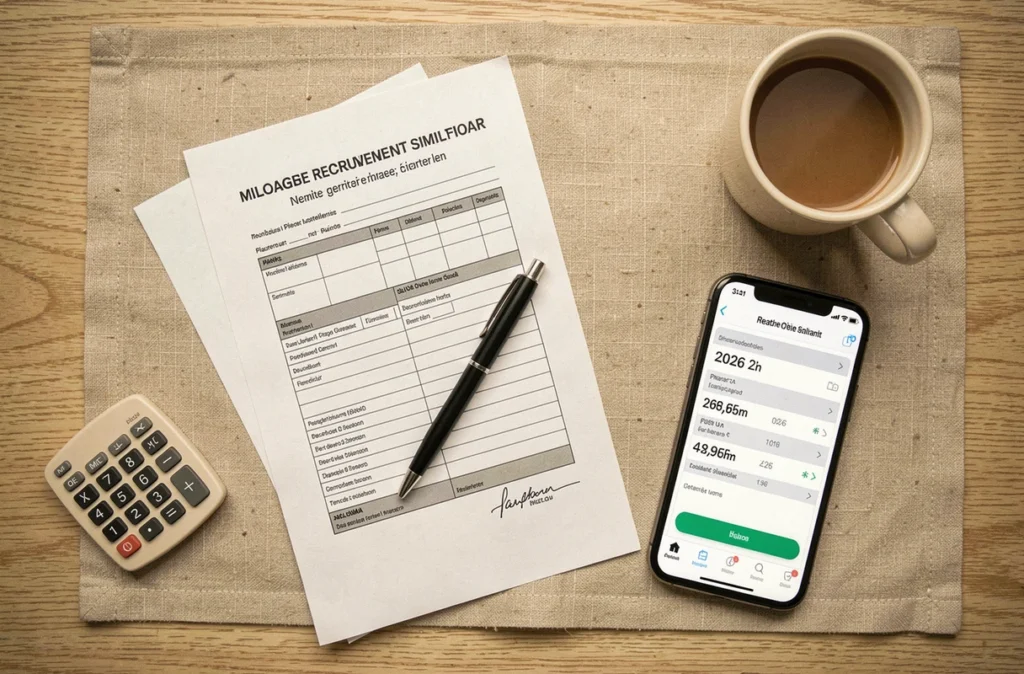 Vue aérienne d'un bureau avec formulaire fiscal français, calculatrice et simulateur de frais kilométriques 2026 sur smartphone