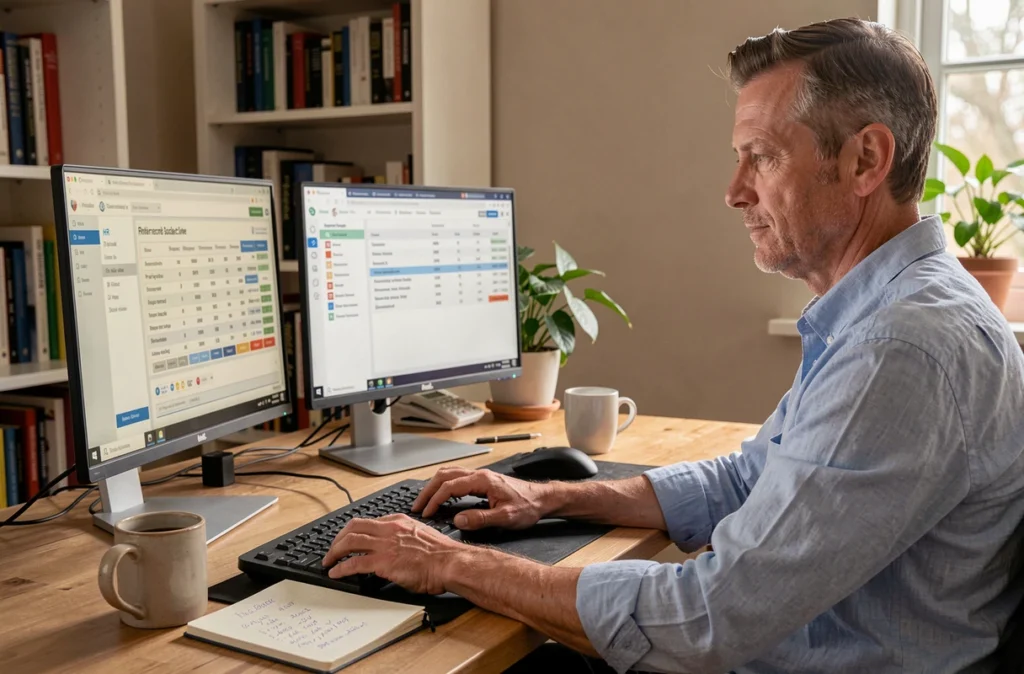 Homme cadre calculant la conversion salaire brut en net sur deux écrans dans un bureau à domicile avec logiciel de paie RH