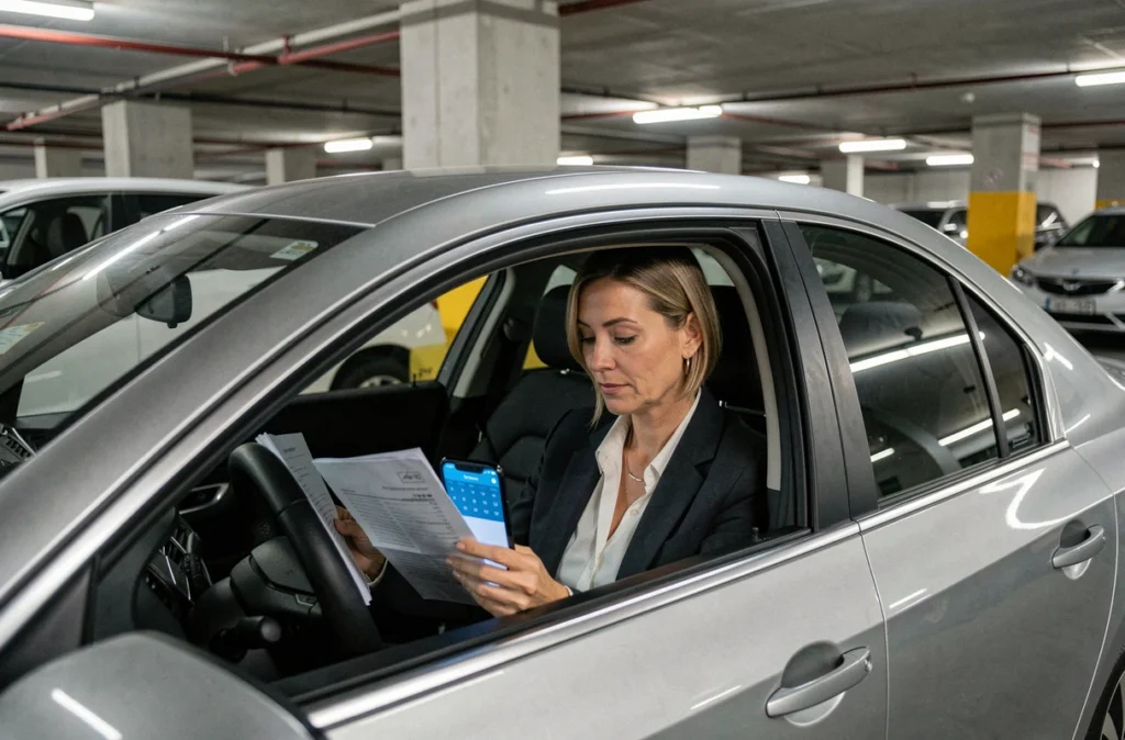 Femme calculant ses frais kilométriques professionnels dans sa voiture avec une application mobile de simulation fiscale
