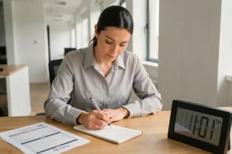 Femme calculant des heures en format centième sur un bloc-notes dans un bureau moderne