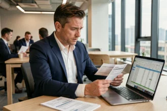 Cadre professionnel comparant son salaire brut et net sur des fiches de paie et un ordinateur portable dans un bureau moderne