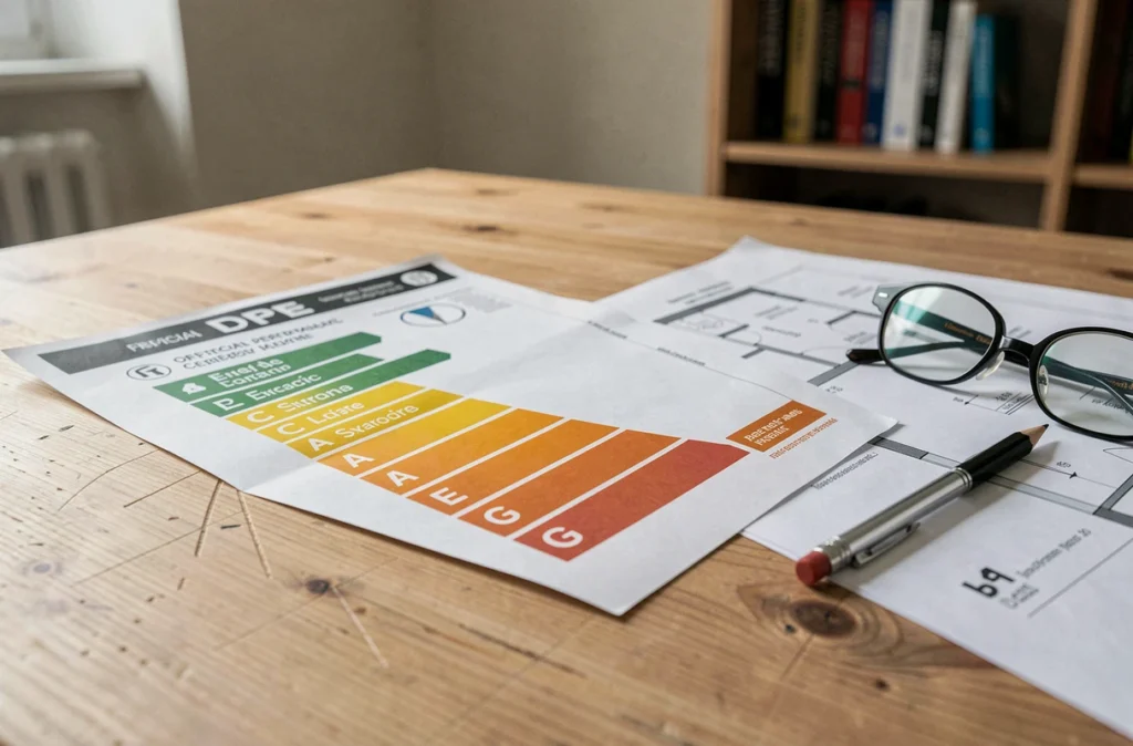 Gros plan sur un certificat DPE avec échelle de notation énergétique et plans d'appartement sur un bureau en bois