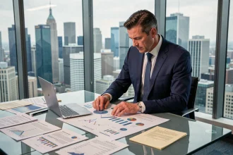 Un homme d'affaires en costume marine analyse des graphiques de classement économique mondial dans un bureau moderne avec vue sur la ville