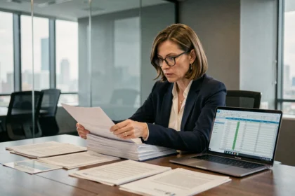 Professionnelle analysant des documents de conformité réglementaire dans un bureau d'entreprise moderne pour le traitement des prêts