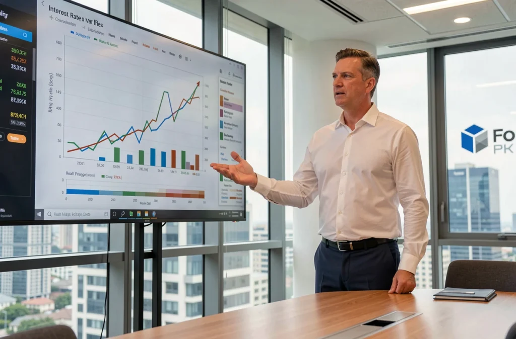 Conseiller immobilier présentant l'évolution des taux d'intérêt sur un écran numérique dans un bureau professionnel en 2024