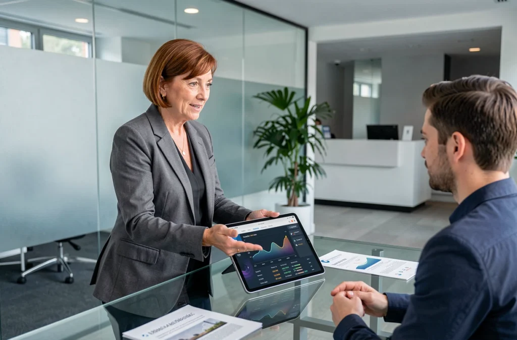 Femme investisseure consultant un conseiller financier sur les stablecoins dans une agence bancaire française