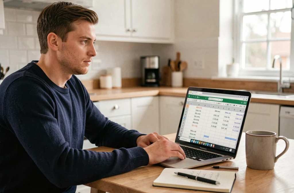 Jeune homme convertissant des heures au format centième sur un tableur ouvert sur son ordinateur portable à la maison
