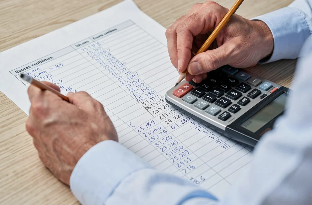 Gros plan sur des mains convertissant des horaires du format hh:mm en heures centièmes sur une feuille imprimée