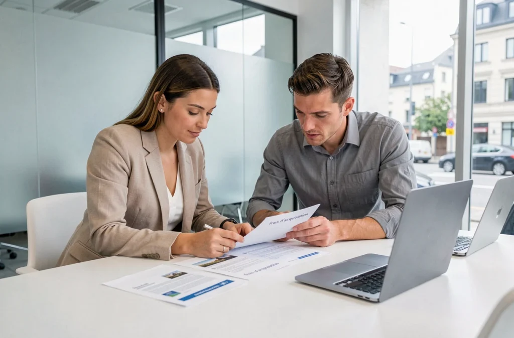 Couple d'acheteurs immobiliers étudiant les frais de notaire dans une agence moderne