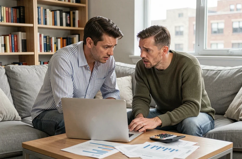 Couple discutant de leur budget familial autour d'un ordinateur portable, en lien avec la prime pouvoir d'achat 2026