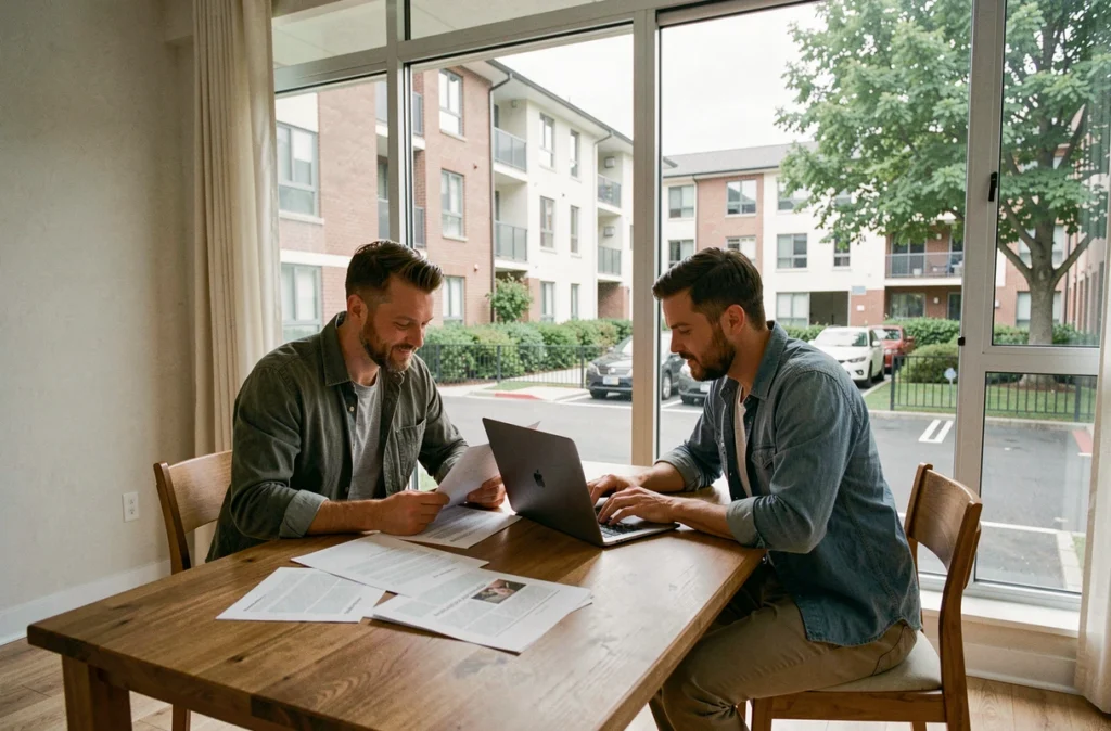 Couple étudiant les documents de copropriété dans un appartement avec vue sur la cour commune