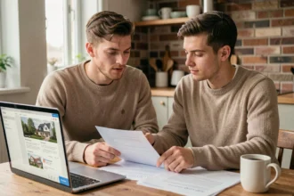Jeune couple étudiant des documents de financement immobilier à leur table de cuisine pour leur premier achat