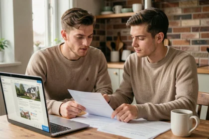 Jeune couple étudiant des documents de financement immobilier à leur table de cuisine pour leur premier achat
