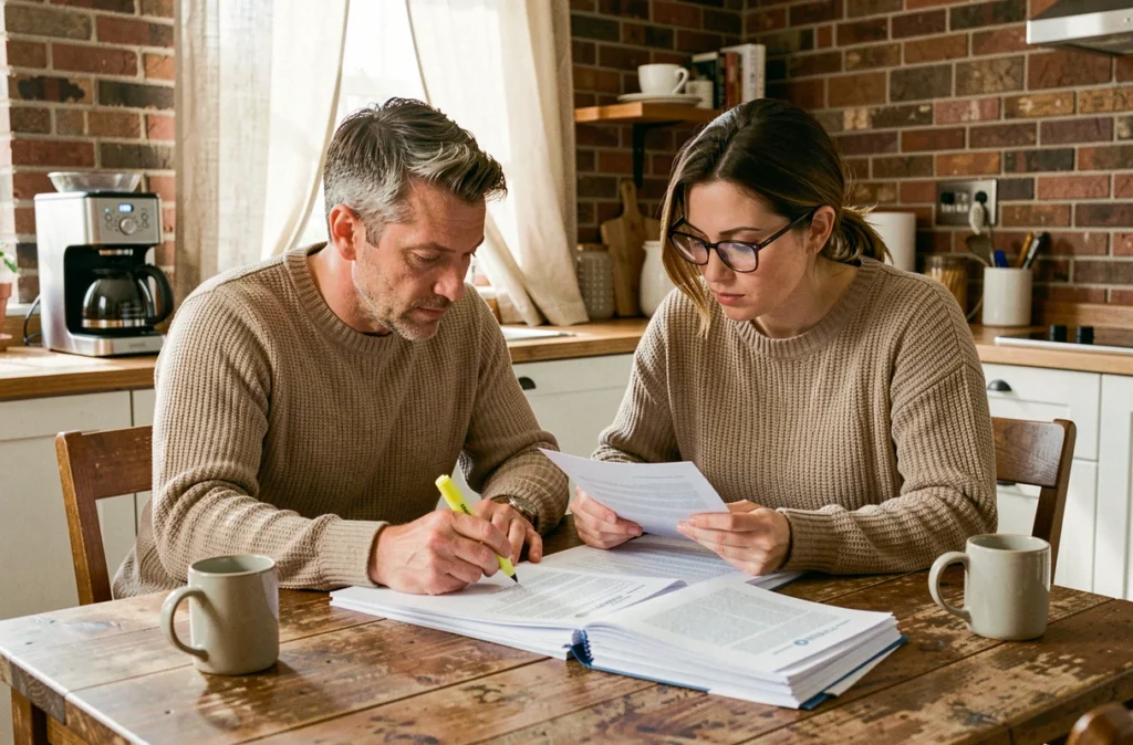 Couple examinant attentivement les documents d'un compromis de vente à domicile