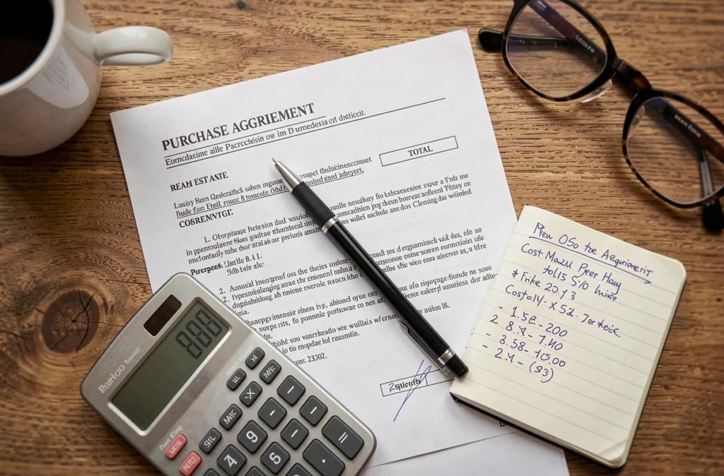 Vue aérienne d'un bureau avec documents immobiliers, calculatrice et notes manuscrites sur les frais de notaire