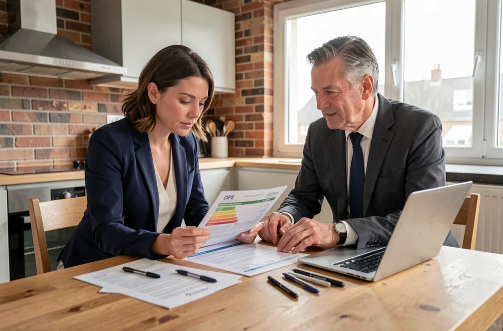 Femme et agent immobilier examinant un diagnostic de performance énergétique DPE avant la vente d'un appartement