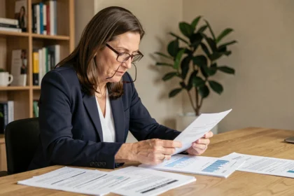 Femme examinant des documents de crédit immobilier et un graphique de taux d'intérêt dans un bureau à domicile moderne