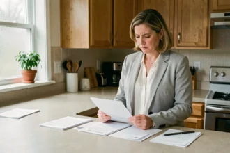 Femme analysant ses documents budgétaires dans une cuisine, illustrant les changements de pouvoir d'achat en 2026