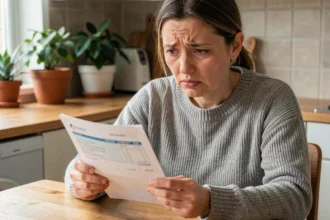 Femme inquiète tenant un relevé bancaire à la cuisine, illustrant les frais de découvert autorisé dépassé