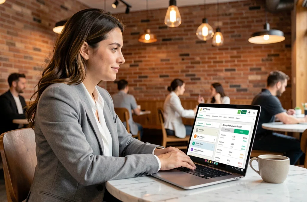 Femme paramétrant des investissements automatiques en ETF sur une application financière depuis un café moderne