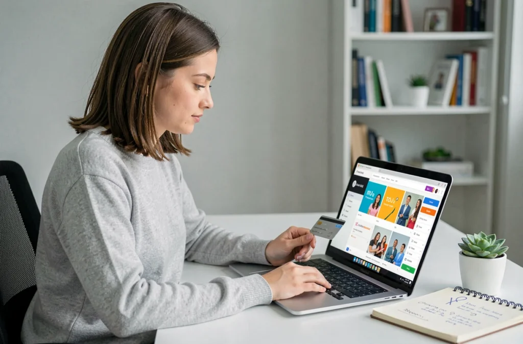 Jeune femme organisant une cagnotte en ligne sur son ordinateur portable depuis son bureau à domicile