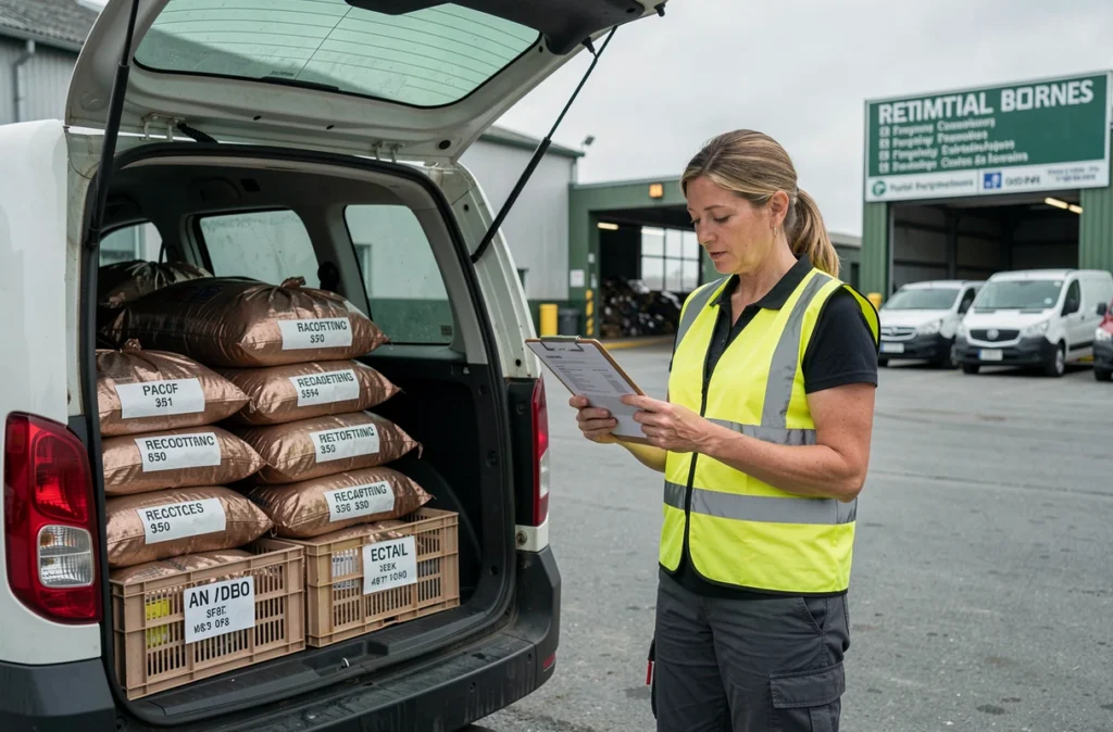 Une femme consultant une grille de prix du bronze en kilo à l'entrée d'un centre de recyclage de métaux