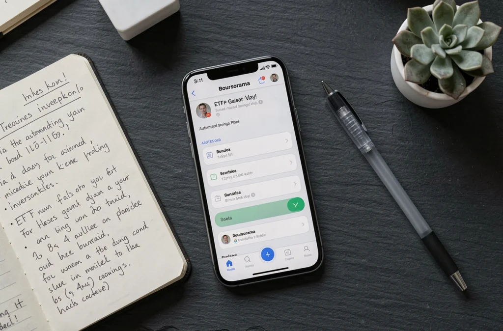 Vue aérienne d'un smartphone affichant un plan d'épargne automatique en ETF sur Boursorama avec un carnet de notes financières