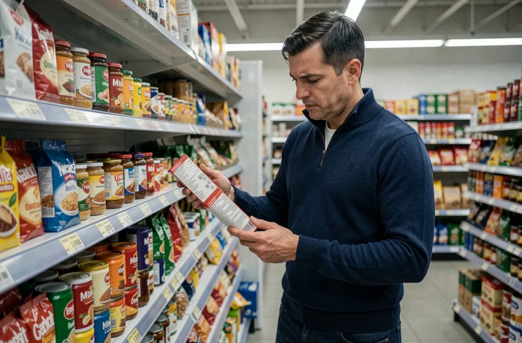 Homme comparant les prix dans un supermarché pour gérer son budget face à la prime pouvoir d'achat 2026
