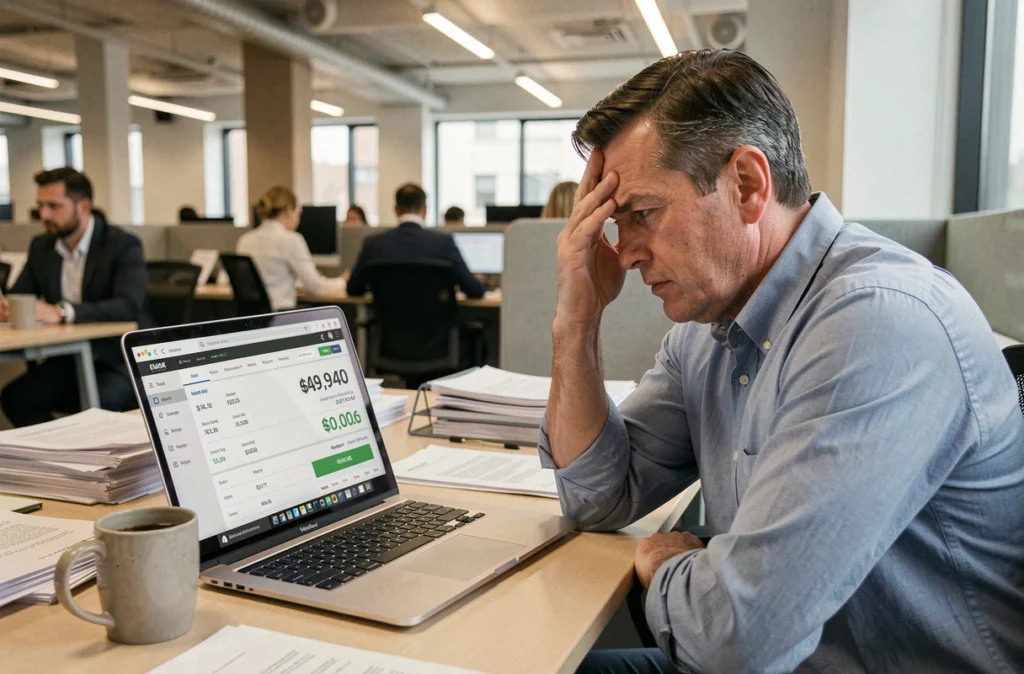 Homme stressé devant un ordinateur affichant un compte bancaire négatif, illustration du dépassement de découvert autorisé