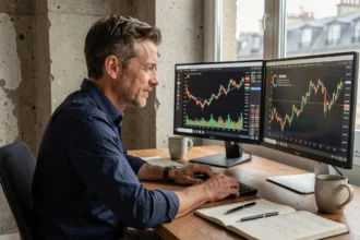 Investisseur français analysant des données de stablecoins sur un double écran dans un appartement parisien moderne