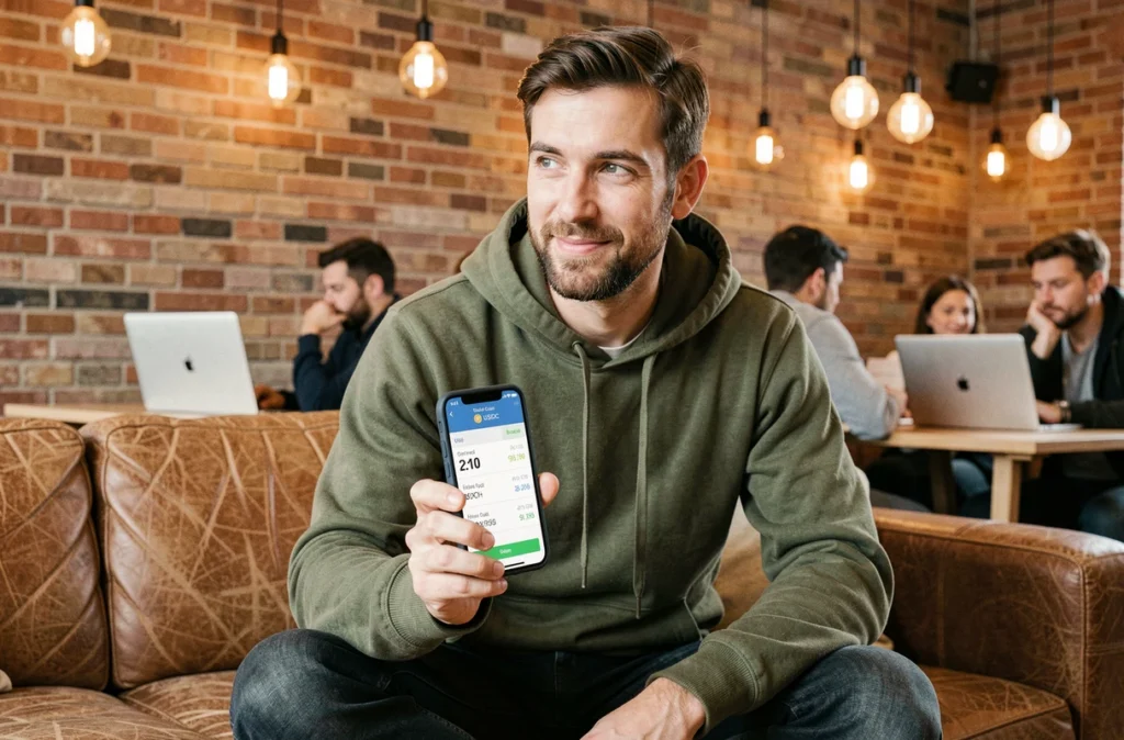 Jeune investisseur français consultant une application de stablecoins sur smartphone dans un espace de coworking à Bordeaux