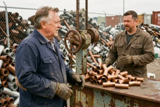 Un homme négociant le prix du bronze au kilo avec un ferrailleur sur une balance industrielle dans une casse métallique