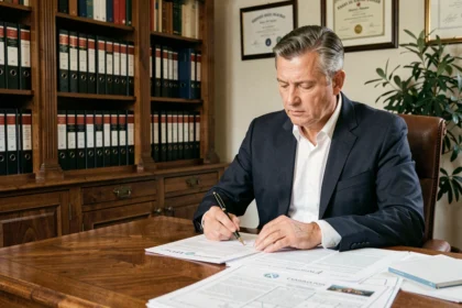 Notaire masculin en costume marine examinant un contrat d'achat immobilier dans son bureau traditionnel