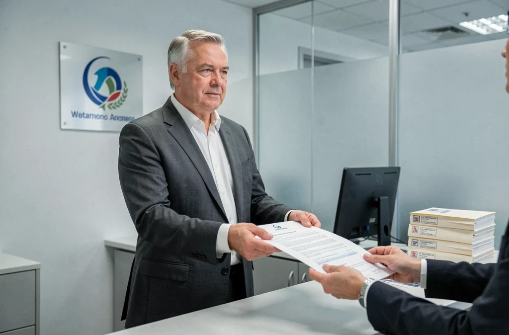 Notaire remettant des documents officiels de tutelle dans un bureau notarial moderne