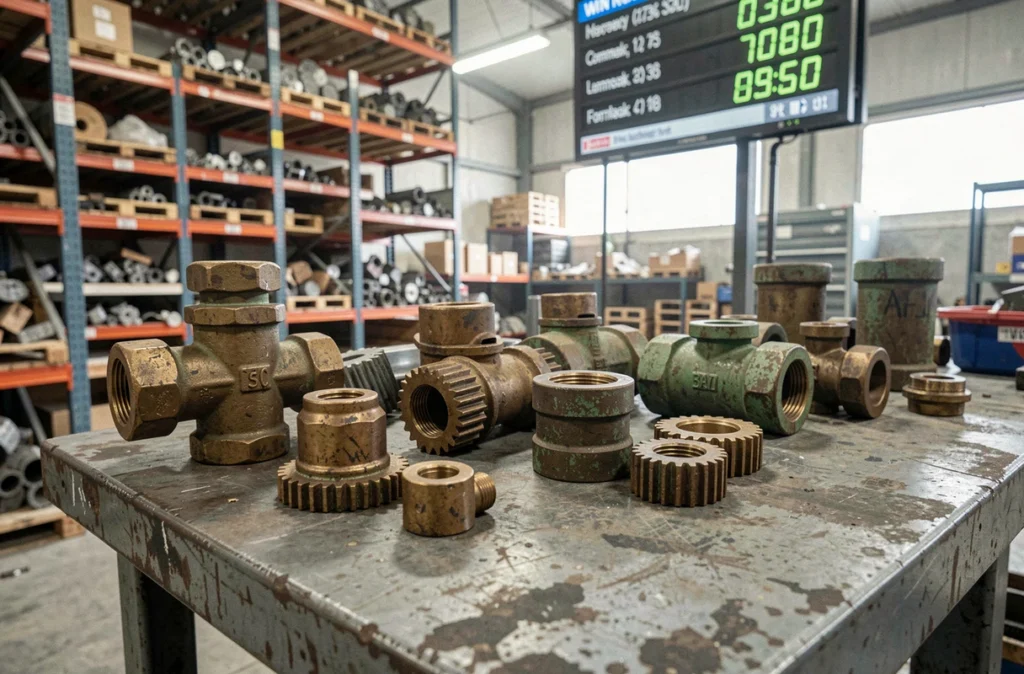 Pièces de bronze à vendre au kilo sur un établi de ferrailleur avec tableau de prix en arrière-plan
