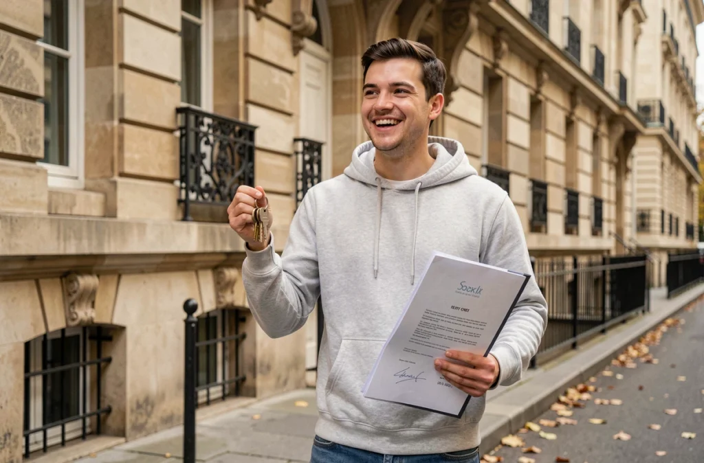 Jeune homme tenant les clés de son premier appartement devant un immeuble haussmannien à Paris après obtention de son prêt