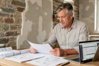 Propriétaire consultant des documents fiscaux pour la rénovation de son logement ancien