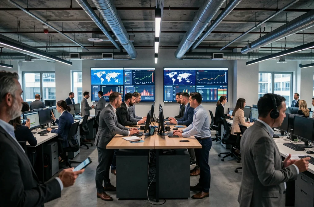 Salle de rédaction financière animée avec des journalistes et analystes travaillant sur les données de classement des pays les plus riches en 2026