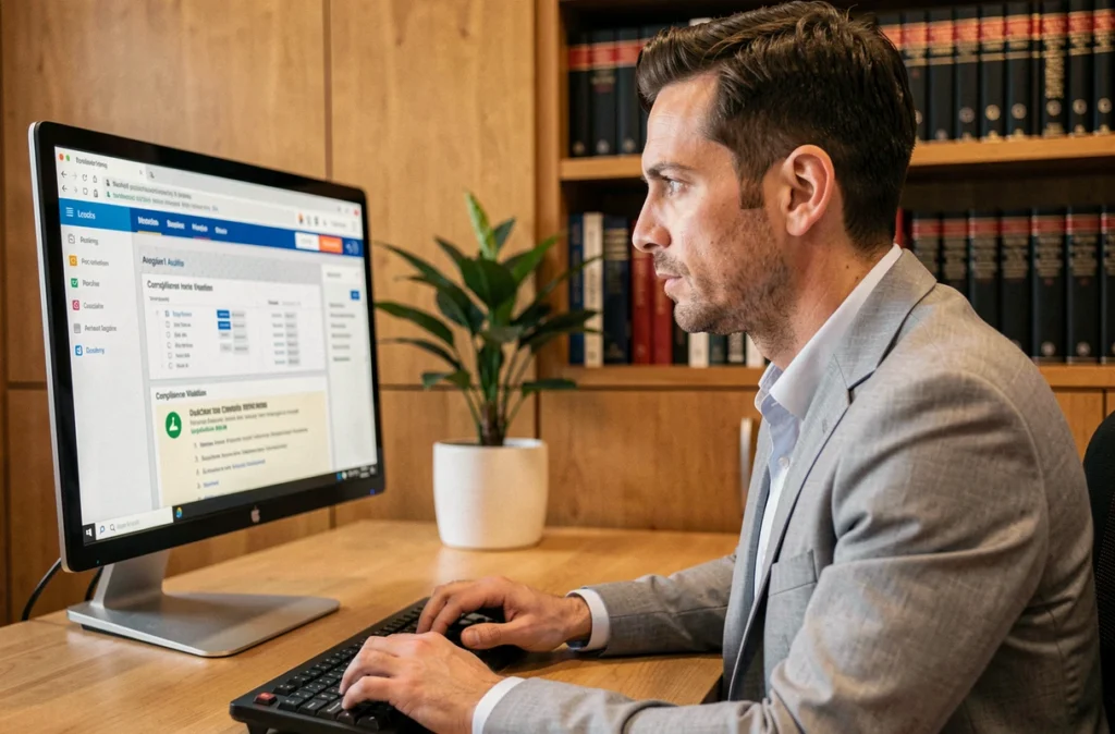 Responsable conformité analysant des alertes de violation réglementaire sur un logiciel de traitement de prêts bancaires