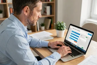 Homme utilisant un simulateur de frais kilométriques sur ordinateur portable pour optimiser sa déclaration fiscale 2026