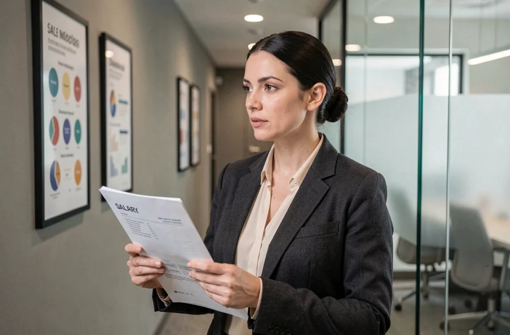 Femme cadre tenant une simulation de salaire net en brut dans un couloir de bureau d'entreprise en France
