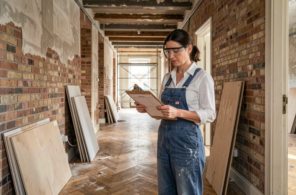 Femme supervisant les travaux de rénovation dans un appartement haussmannien avec parquet ancien
