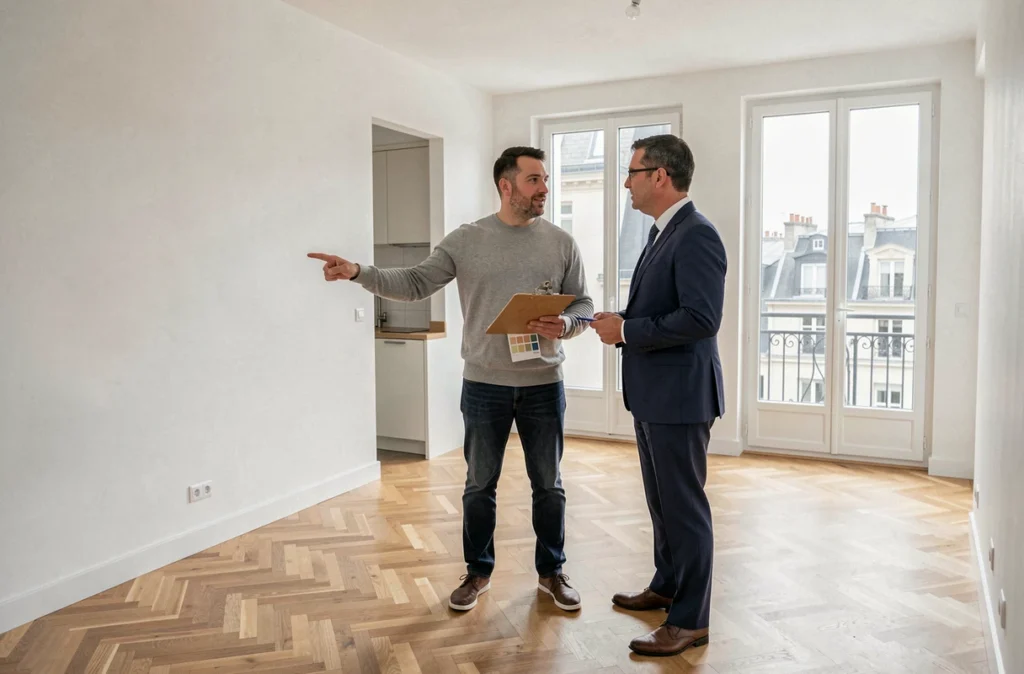 Homme visitant un appartement vide pour un projet d'investissement locatif meublé accompagné d'un agent immobilier